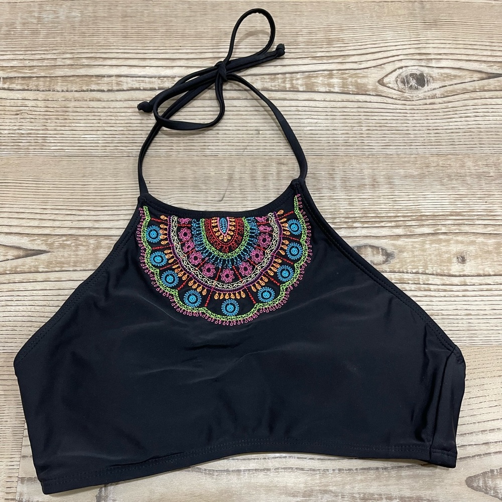 Black/Multi-Color Embroidered Swim Top